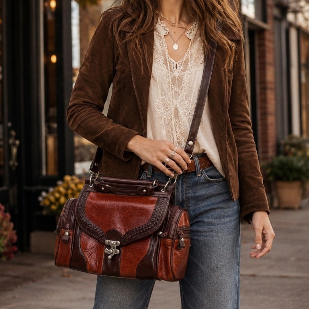Vintage Boho Leather Multi Pocket Crossbody Bag Burgundy Brown Braided Trim